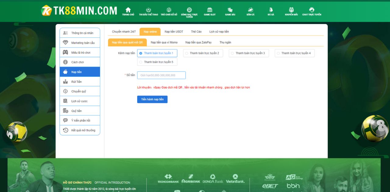 Hướng dẫn nạp tiền vào nhà cái TK88 cực chi tiết và nhanh chóng